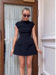 Casual Dresses Women Elegant Slim Solid Pockets Mini Dress Fashion O-Neck Kort ärm A-Line 2023 Office Lady Chic Pending Robes