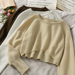 Women's Sweaters French Style Knitting Cropped Tops Short Front Long Back Loose All-matched Women Sleeve Solid Pullovers