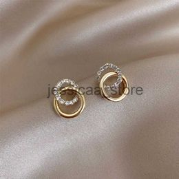 Stud Korean Simple Double Circle Gold Colour Metal crystal Stud Earrings For Women Fashion Exquisite Jewellery Best Friend Gifts J231127