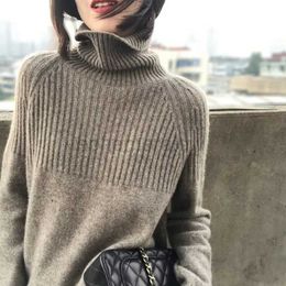 Women's Sweaters Thick Sweater Women Turtleneck Pullovers Solid Stretch Striped Knit Loose Tops 2023 Winter Wool Clothes Beige Khaki zln231127