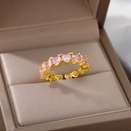 Band Rings Zircon Pink Heart Rings For Women Stainless Steel Adjustable Irregular Couple Ring Female Wedding Aesthetic Jewellery Gift AA230426