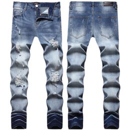 Men's Jeans European Jean Hombre Letter Star AM Men Embroidery Patchwork Ripped Trend Brand Motorcycle Pant Mens Skinny AM1173# size 28-42