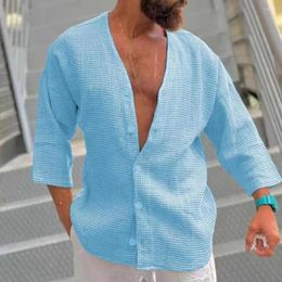 Men's Casual Shirts Men Summer V-neck 3/4 Sleeve Shirt Tops Solid Color Loose Fit Single Breasted Waffle Texture Streetwear