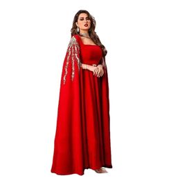 Red Satin A Line Caftan Evening Dresses Long Cape Beads Applique Dubai Arabic Formal Prom Gowns Custom Made Robe