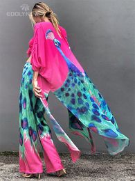 Dresses 2022 Boho Peacock Printed Front Open Kimono Dress Sexy Blue Chiffon Tunic Women Summer Clothing Plus Size Beach Dresses A1083