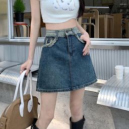 Skirts S-5XL Women Mini Denim Skirt Summer Fashion Vintage Spice Girl Frayed Jeans Loose High Waist A-Line Plus Size