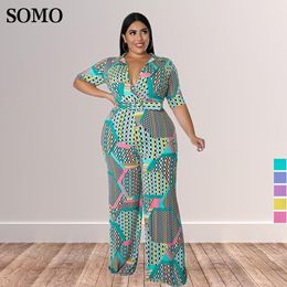 bottoms Summer Vacation Outfits for Women 2022 Fashion Multicolor Printed One Piece Plus Size Jumpsuit with Belt Wholesale Dropshipping