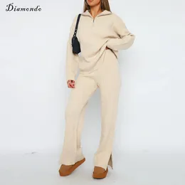 Women's Pants Women Rib Knitted Suit Casual Style Ladies Warm Zipper Down Top Loose Fit Turn Collar High Waisted Daily Outfit