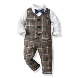 Kleidungssets Frühling Herbst Baby Junge Gentleman Anzug Blaues Hemd mit Krawatte + karierte Weste + Hose Formelle Kinderkleidung Set Hochzeitsfestkleid