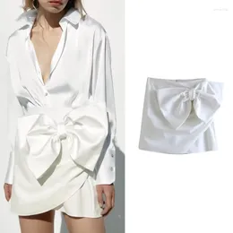Skirts Vintage White Satin Bow Mini Women High Waist Sheath Split Fashion 2023 Elegant Mujer Faldas