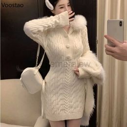 Women's Sweaters Autumn Winter Elegant Women Sweater Christmas Red Slim Fur Patchwork Hooded Knitted Dress Female Korean Knitwear Hoodie Tops zln231127