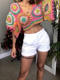 Women's T Shirts Flordevida Handmade Hollow Out Crochet Knitted Short Bat Sleeve Women Summer Cropped Tops Boho Beach Tee Holiday