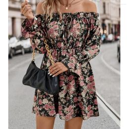 Casual Dresses Women's Fashion Sexy Off Shoulder Dress Ladies Floral Print Long-Sleeved A-Line Mini Female Boho Holiday Style Vestidos