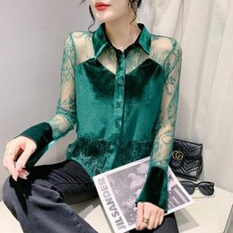 Women's Blouses Autumn Sexy Lace Hollow Out Women Blouse 2024 Vintage Button Up Shirt Top Elegant Long Sleeve Mesh Design Tops