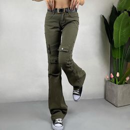 Jeans Flare Cargo Pants Y2k Mid Waist Women Jeans Pockets Slim Bootcut Green Denim Trousers Korean Fashion Urban Streetwear 2022 New