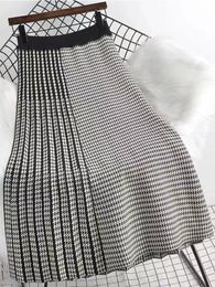 Capris Spring Women Knit Midi Skirt Houndstooth Patchwork Pleated Aline Asymmetrical Pencil Dress Elastic High Waist Vintage