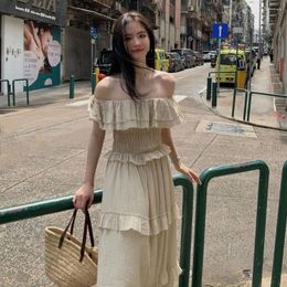 Casual Dresses French Apricot Pink Wrap Stunning Waist Senior Sense Chic Pretty Temperament First Love Short-sleeved Long Ruffle Pleated