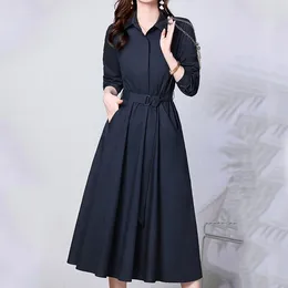 Casual Dresses Korean Style Spring Summer Shirt Office Dress Women Turn-down Collar Full Sleeve Bandage Long Elegant