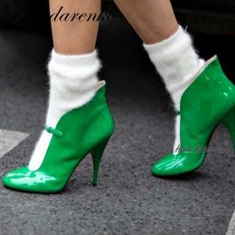 Women Round Toe Ankle Boots Thin Heel Green Blue Wine Red Patent Leather Shallow Booties 2022 Winter Runway New Shoes 230427