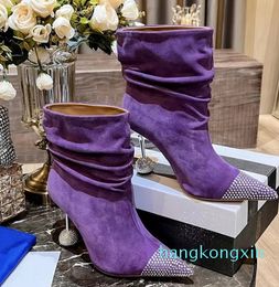 short boots mule crystal diamond ball metal heel luxury pleated anti velvet leather designer lady fashion