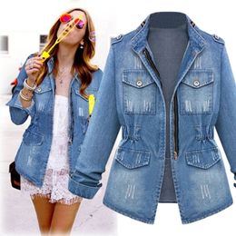 Women's Jackets Plus Size Denim Jacket Womens Casual Solid Casual Oversize Autumn Ladies Slim Jeans Chain Jacket Pocket Coat 230427