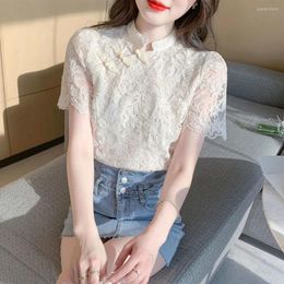 Women's Blouses Chinese Style Short Sleeve Lace Buckle Cheongsam Top Women Summer Stand Collar Hollow Out Solid Ladies Elegant Shirt