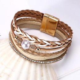 Charm Bracelets Bohemia Imitation Pearls Gold Colour Leather Weave Bracelet For Women Multilayer Slim Strips Wrap Fashion Jewellery