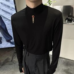 Men's Casual Shirts Black Tight-Fitting Bottoming Shirt 2023 Autumn Winter Fashion Simple Solid Colour Versatile Long-Sleeve Top