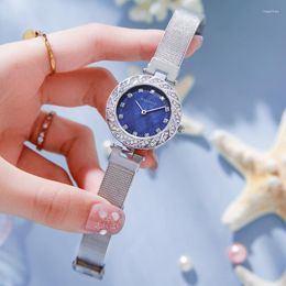 Wristwatches Fashion Diamond Ladies Watch Romantic Female Student Lover College Hand Clock Luxury Blue Mesh Strap Trendy Women's