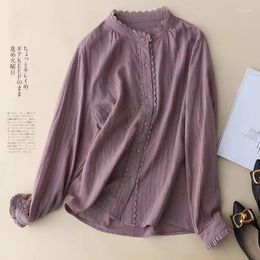 Women's Blouses Cotton Shirt Female Spring And Fall Fashion Commuter Elegant Lace Splicing Small Fragrant Wind Ruffle Collar Casual Blouse