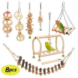 Toys 8Pcs/Set Bird Parrot Toys Wooden Hanging Swing Hammock Chewing Standing Climbing Ladders Perches Pet cage accessories