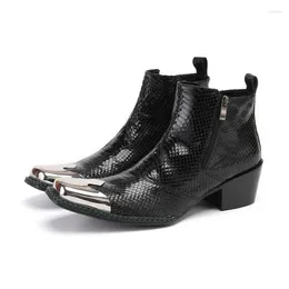 Boots Italian Black Retro Men's Ankle Snake Skin Real Leather Square Iron Toe Bota Masculina Men Dress Party Shoes Winter