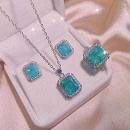 Necklace Earrings Set 2023 Silver Colour Princess Cut Paraiba Tourmaline Gemstone Jewellery Female Wedding Bridal Ring Earring