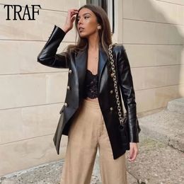 Women s Suits Blazers TRAF 2023 Faux Leather Blazer Woman Black Office for Women Double Breasted Jacket Autumn Coats Long Sleeve 231127