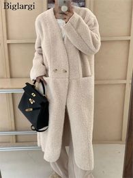 Women's Fur Faux Fur Autumn Winter Teddy V-Neck Long Cardigan Coats Women Korean Loose Fashion Ladies Cardigans Casual Long Sleeve Woman Jackets 231127