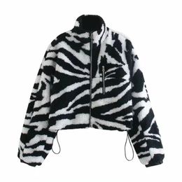 Women's Wool & Blends U2JF Women Faux Fur Winter Long Sleeve Jacket Harajuku Zebra Striped Print Drawstring Hem Cropped Coat Zip Up Loose Ou