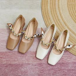 Dress Shoes 2023 Women Brand Design High Quality Soft Leather Heels Female Elegant Mary Jean Square Middle Heel Pumps