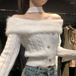 Women's Sweaters Fuzzy Fur Collar Off Shoulder One Line Neck Knitted Cotton Bottom Shirt Women Neck-hanging Spring Summer Long Sleeve Tops