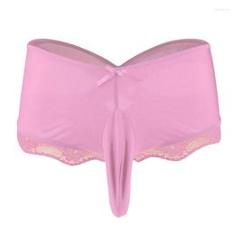 Underpants Men's Back Cross Boxers Penis Sleeves Closed Sheath Thorts Solid Color Sexy Underwear Slip Lace Bow Sissy Lingerie Rear