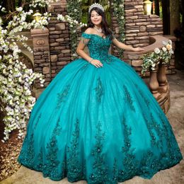 Emerald Green Shiny V-Neck Appliques Lace Beads Green Quinceanera Dresses Ball Gown Corset Princess Dress vestidos de 15 quinceanera