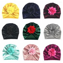 Berets Children Elastic Vevlet Knot Beanies With Fabric Lotus Flower Baby Girls Knotted Turban Hat Headwear