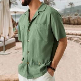Men's Casual Shirts Fashion Men Office Pockets Tops Cotton Linen Streetwear Clothes Summer Short Sleeve Buttoned Turn-down Collar Shirt