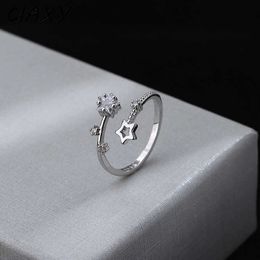 Band Rings CIAXY Silver Colour Hollow Fivepointed Star Rings for Women Flower Vine Adjustable Ring Inlaid Zircon Wedding Jewellery AA230426