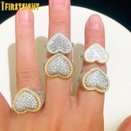 Wedding Rings Iced Out Bling Big Heart Ring Tow Tone Colour Full 5A CZ Cubic Zircon Finger Hip Hop Punk Men Women Jewellery 231127