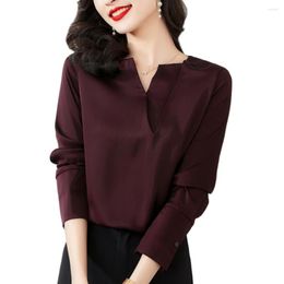 Women's Blouses Simple V-neck Solid Satin Shirts For Women Long Sleeve Elegant Straight Ladies Tops Fashion 2023 Blusas Mujer