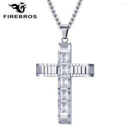 Pendant Necklaces FIREBROS Free 24" Chain Black/Gold/Silver Colour Stainless Steel Big Stone Zircon Cross Chunky Necklace Men Jewellery