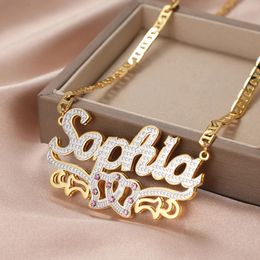 Pendant Necklaces Dascusto Personalised Nameplate Name Necklace Custom 3D 18KGold Plated Double Diamond Choker Pendant Two-Tone Chain For Women 231127