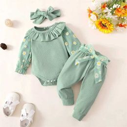 Clothing Sets Baby Girls Fall Outfit Print Long Sleeve Romper Belted Pants Headband Set for Toddlers Months Clothes