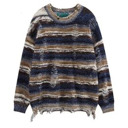 Women's Sweaters American vintage high street ripped stripe knit sweaters for men and women in autumn and winter casual versatility loose thin 231127