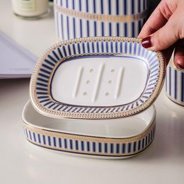 Dishes Nordic Home And Hotel Gold Inlay Double Layer Soap Holder Bathroom Ceramic Soap Dish With Drain Porte Savon